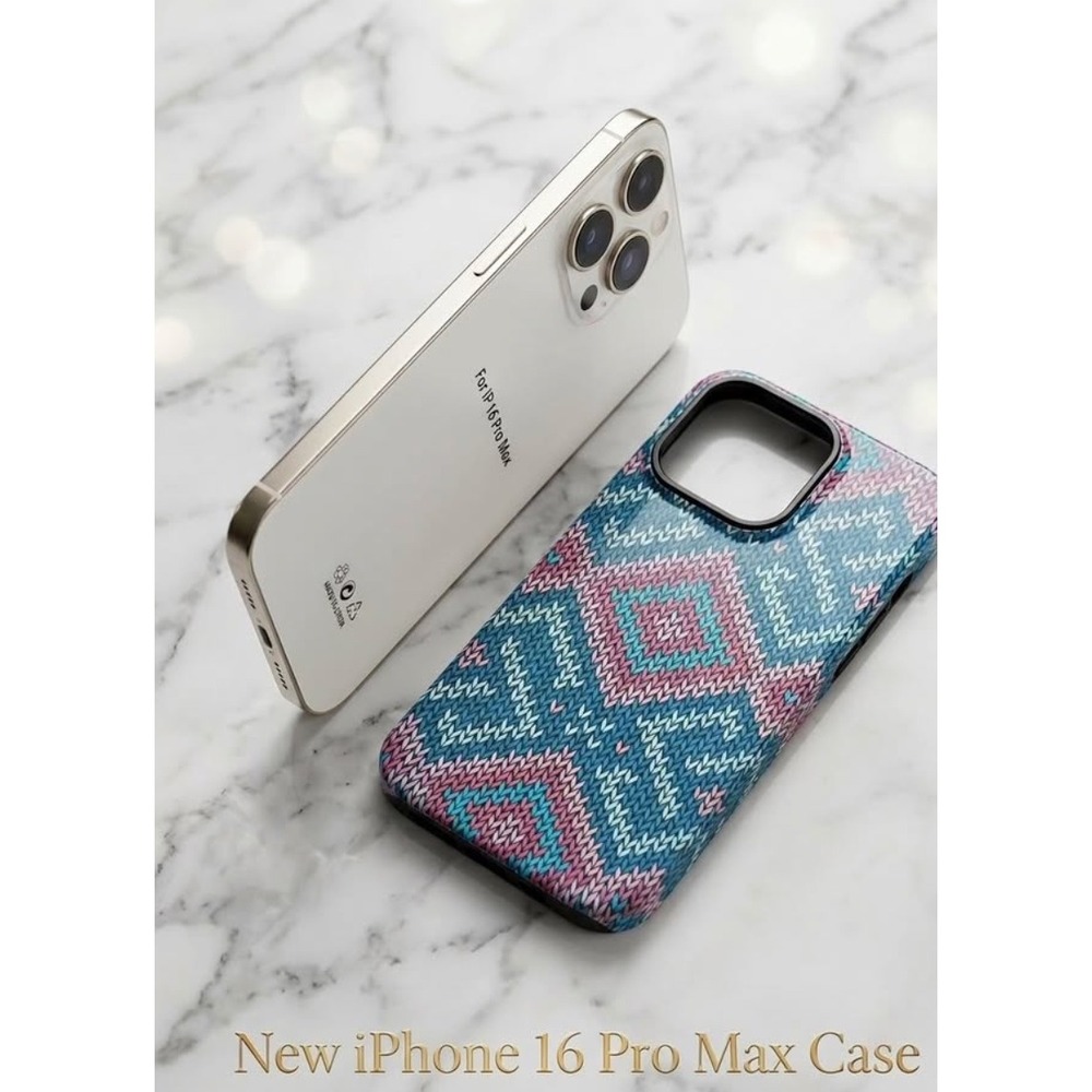 Bubo Boho Sweater Print Phone Case iPhone 16 Pro Max Pink Blue Knit Cottagecore